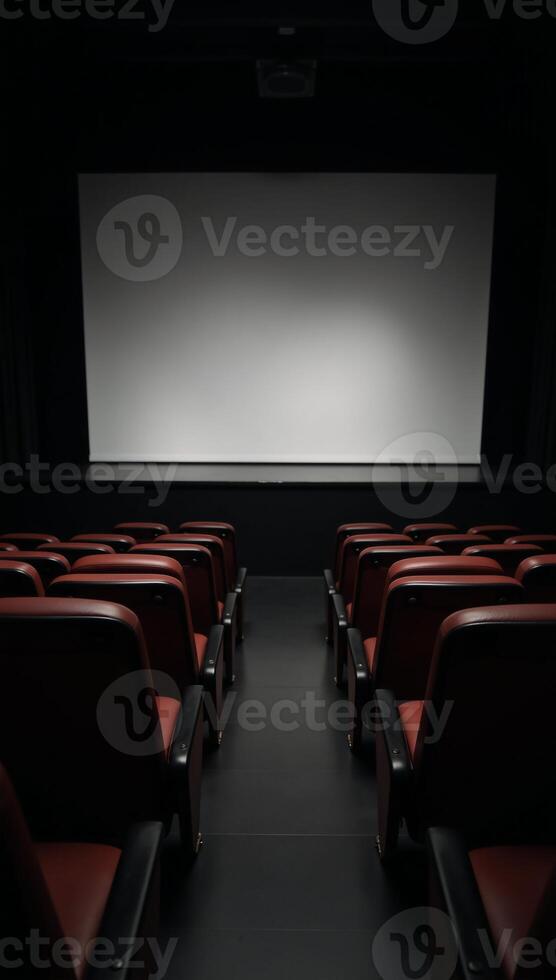 A staged venue featuring rows of empty seats and a large blank screen photo