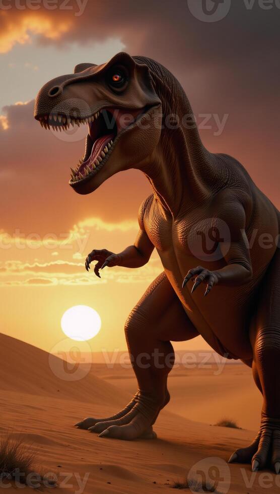 Giganotosaurus displayed a fierce fighting stance against a backdrop of settingsun desert photo