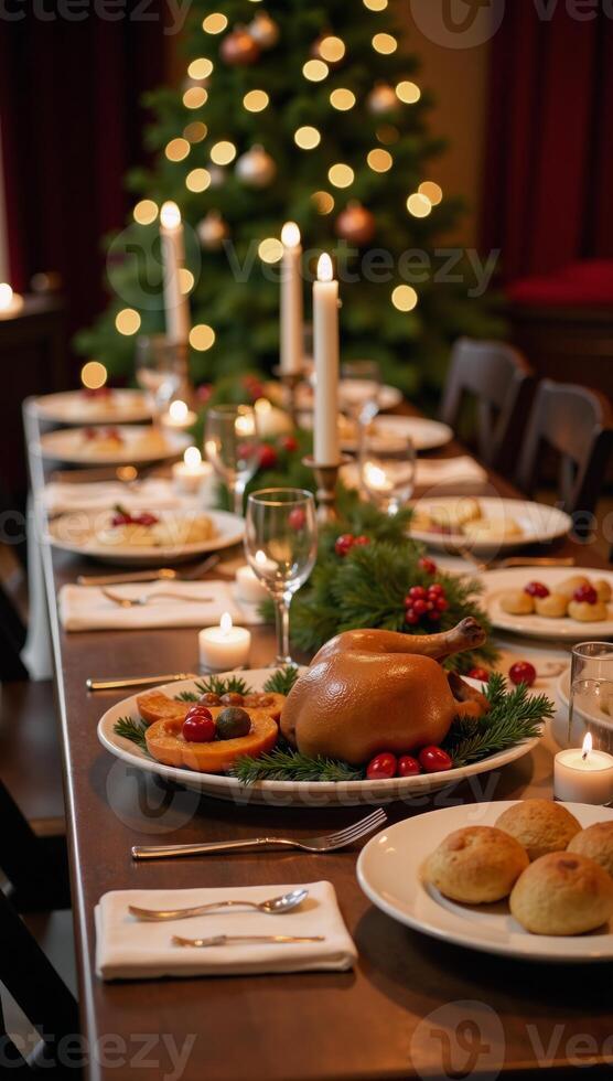 A festive Christmas dinner table with an array of gourmet dishes twinkling lights elegant place settings and a warm inviting atmosphere created by pine garland and candles photo