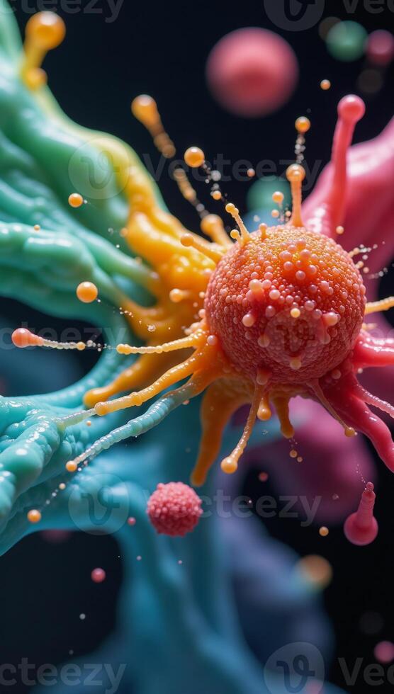 An abstract depiction of a catalyst igniting a chemical transformation with energetic molecules photo