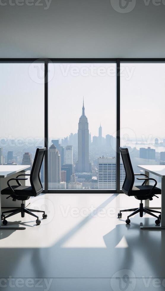 Modern minimalist office space boasting city views through expansive glass windows photo