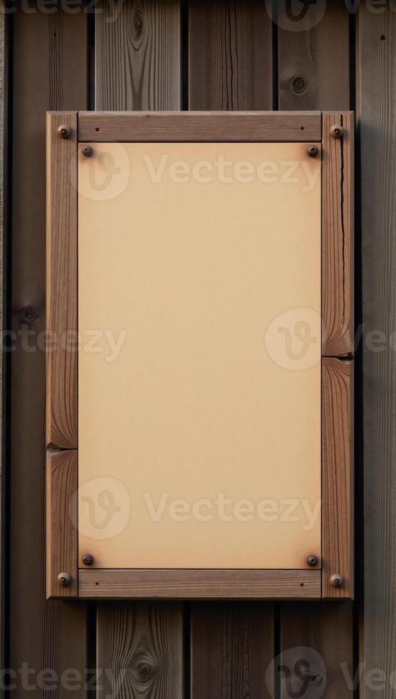 A vintage cartoony wooden signboard features a cracked and nailed text box on a weathered rustic timber plank photo