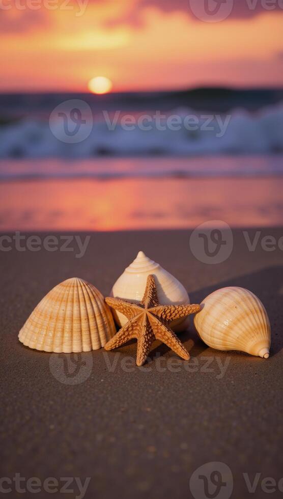 Sunset scene with three seashells and a starfish on a sandy beach photo