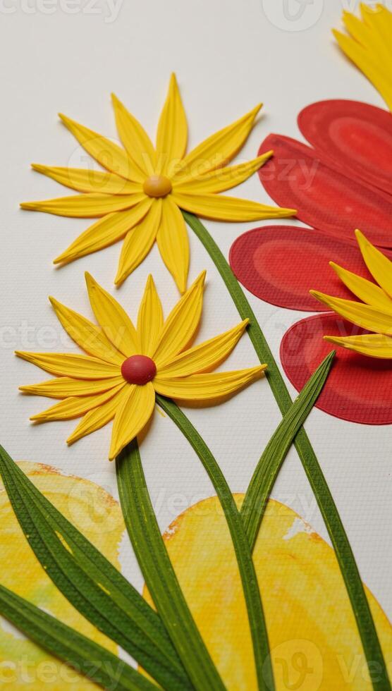 Abstract modern art painting featuring vibrant handpainted spring blooms in a whirlwind of colors including yellows and reds against an oil painted backdrop of flowers photo