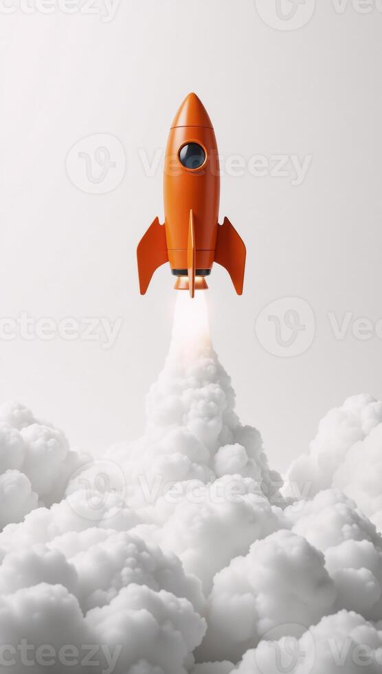 An orange rocket launches against a white backdrop with growing graphs and surrounding white clouds concept symbolizes growth and success Graphic Design photo
