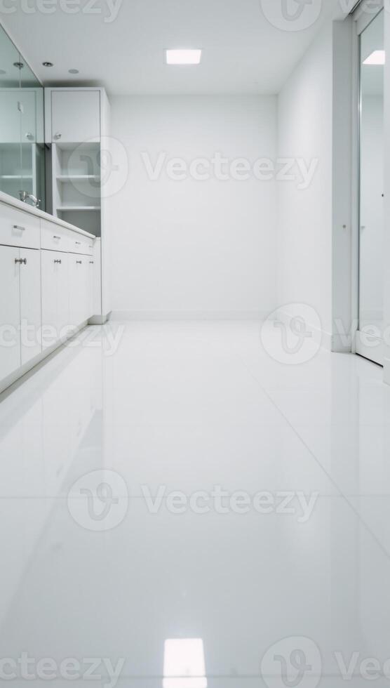Large empty room featuring only white cabinets and a white floor photo