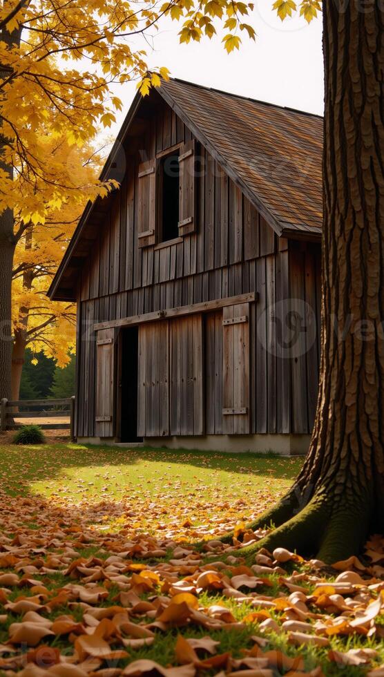 A rustic barn amidst goldenleafed autumn forest radiating nostalgic country charm photo