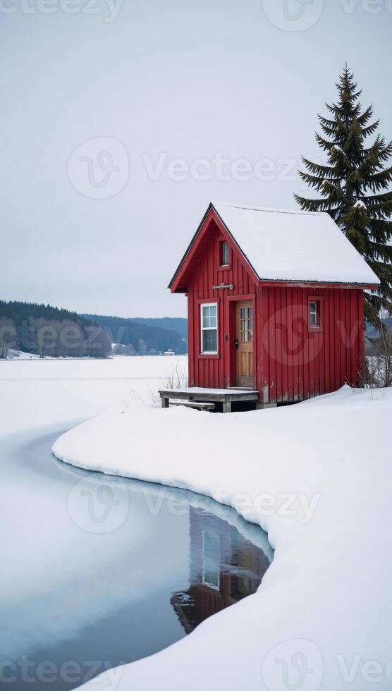 A winter wonderland scene featuring a cozy red cabin by a frozen lake evoking tranquility and escape photo