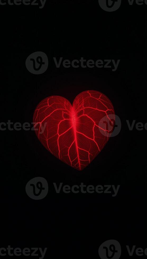 An abstract glowing red heart featuring visible cracks against a dark backdrop photo