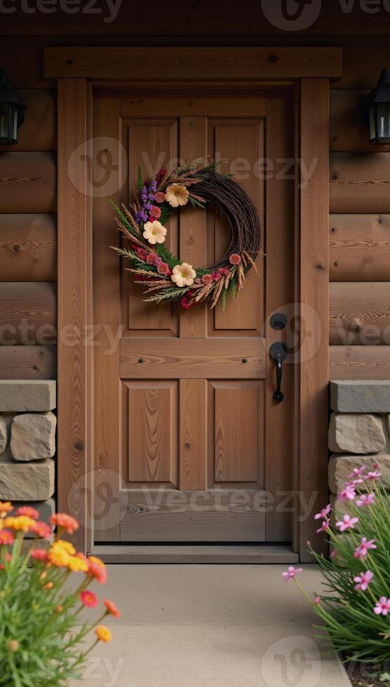 Rustic wood door decorated with floral wreath invokes warmth and coziness of the Western countryside photo