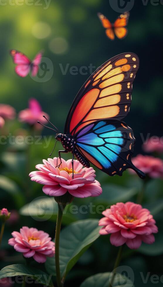 A colorful geometricalangled 3D rendered fairy with large vibrant wings rests upon a garden casting an intriguing shadow onto the natural surroundings photo