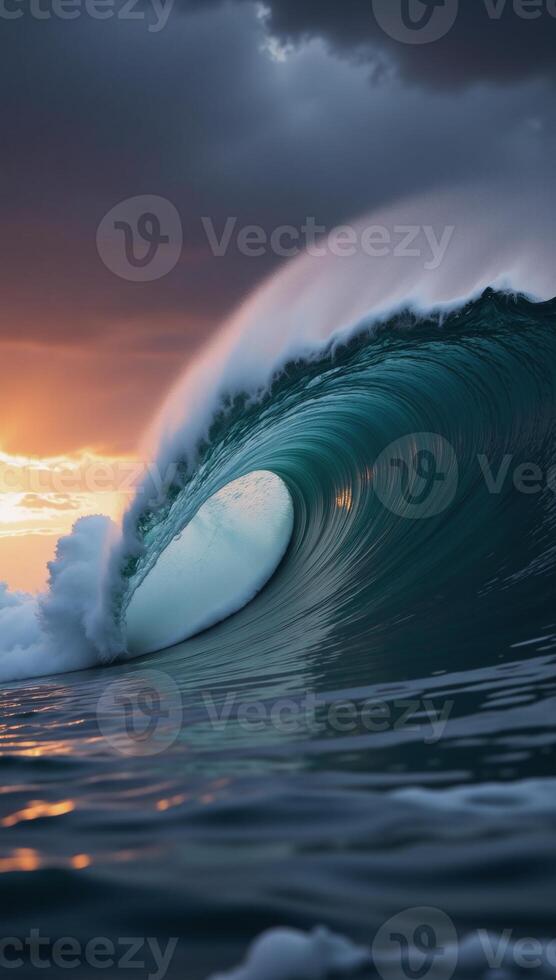 Overcast sunset reveals powerful wave in ocean waterscape photo
