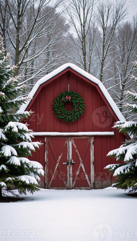 A charming winter scene featuring a festively decorated red barn amidst snowy evergrees photo