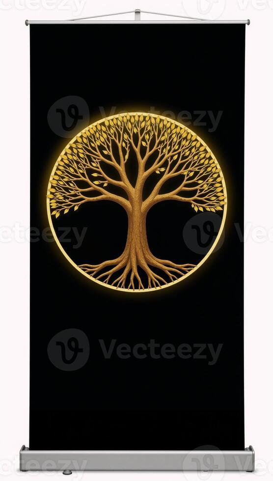 A circular banner illustrates a golden tree against a black background symbolizing the Tree of Life photo