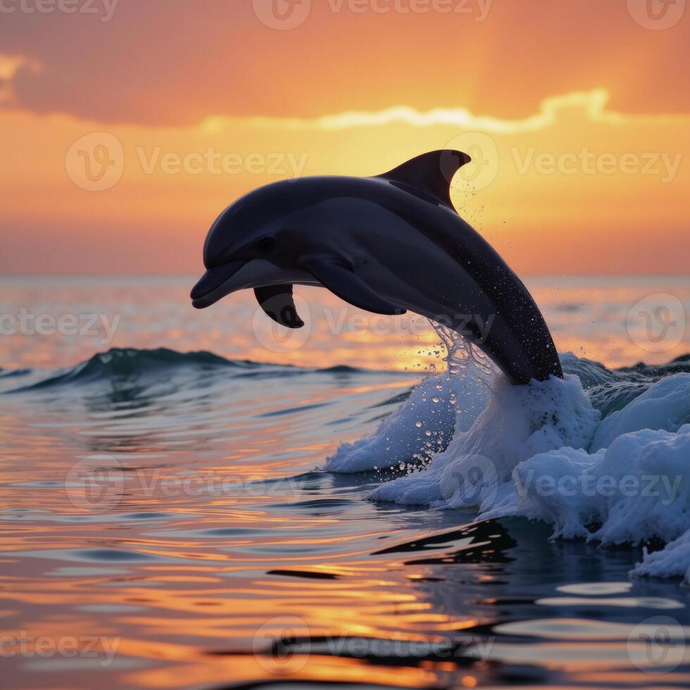 A leaping dolphin silhouetted against a sunset wave photo