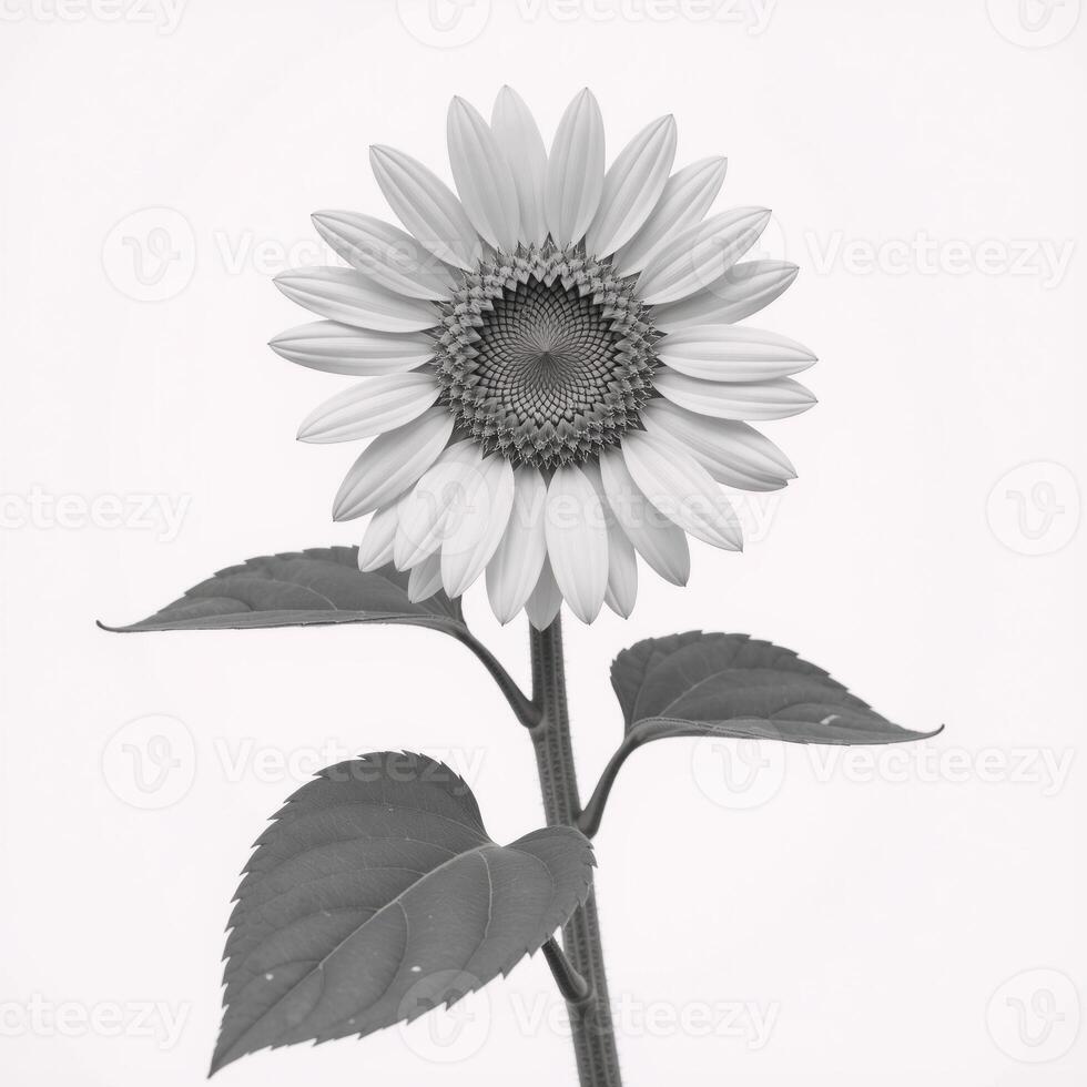 Blackandwhite line drawing emphasizing intricate sunflower petal details focused on center and leaves set against white background photo