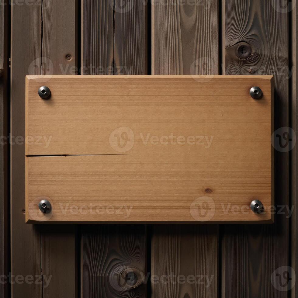 A vintage cartoony wooden signboard features a cracked and nailed text box on a weathered rustic timber plank photo