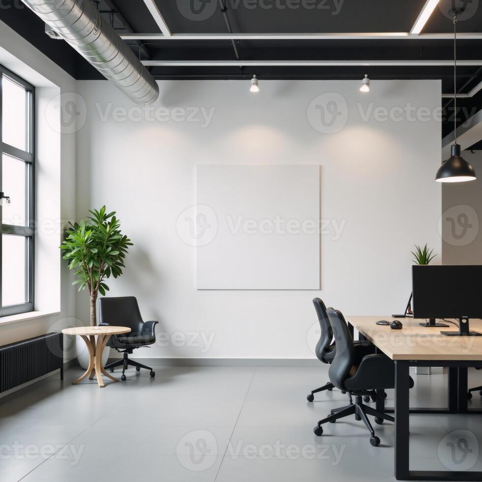 Modern office setting featuring an empty white wall for mockup purposes Rendering photo