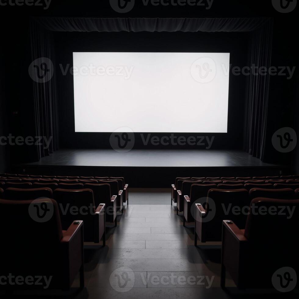 A staged venue featuring rows of empty seats and a large blank screen photo