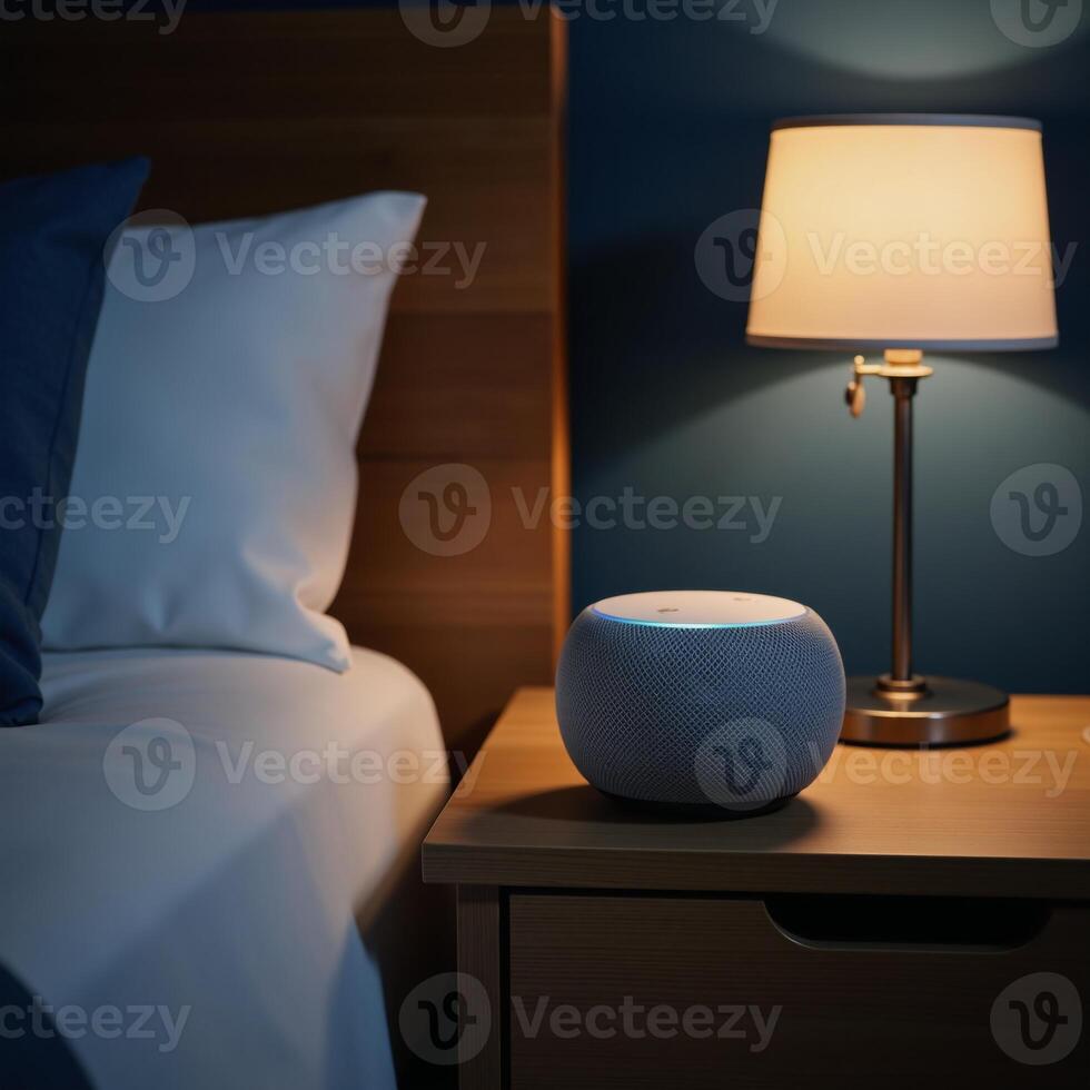 Sleek greywhite smart speaker sits atop lit nightstand in dark blue bedroom photo