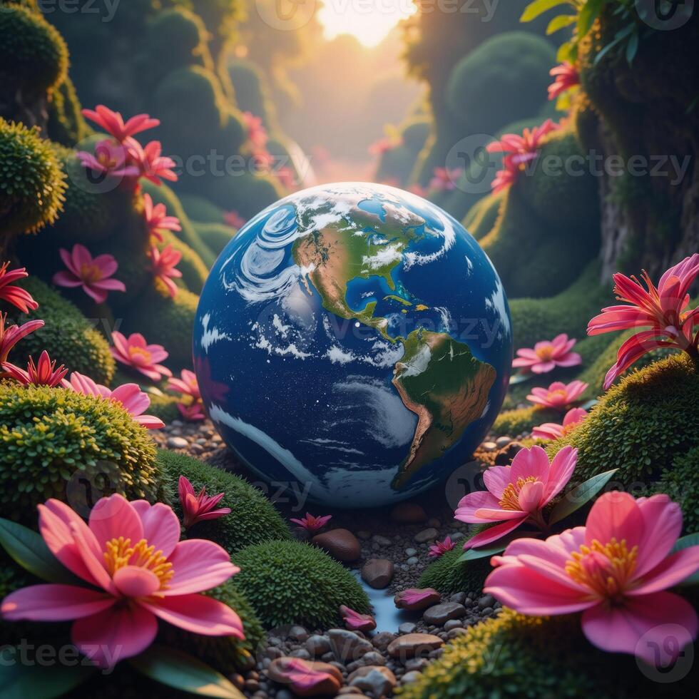 Vibrant glowing Earth with lush flora and fauna exuding a psychedelic vibe photo