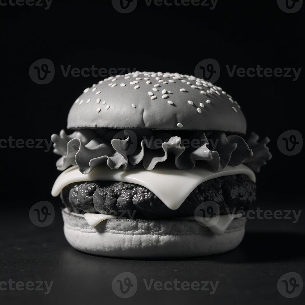 Minimalist blackandwhite art depicting a layered hamburger with sesame seed bun lettuce and cheese photo