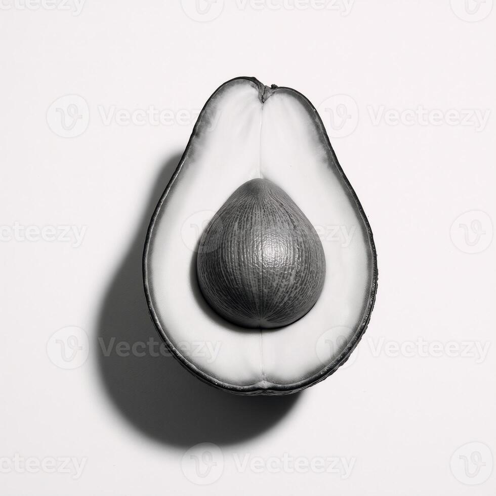 Sketch of half an avocado with pit engraved on scratchboard rendered as blackandwhite raster art photo
