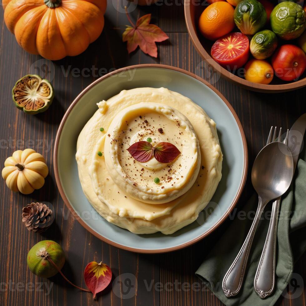 Autumnthemed feast displayed as rustic tabletop scene with creamy mashed potatoes seasonal dishes cozy comforting photo