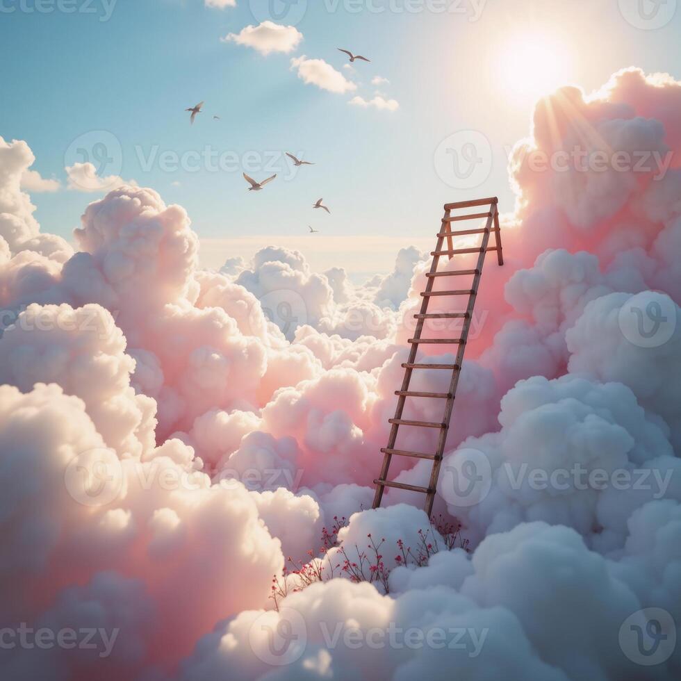 Step ladder leads to fluffy clouds in a whimsical pastelhued scene representing optimism and progress photo