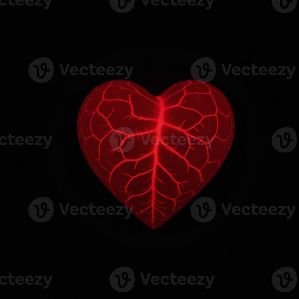 An abstract glowing red heart featuring visible cracks against a dark backdrop photo