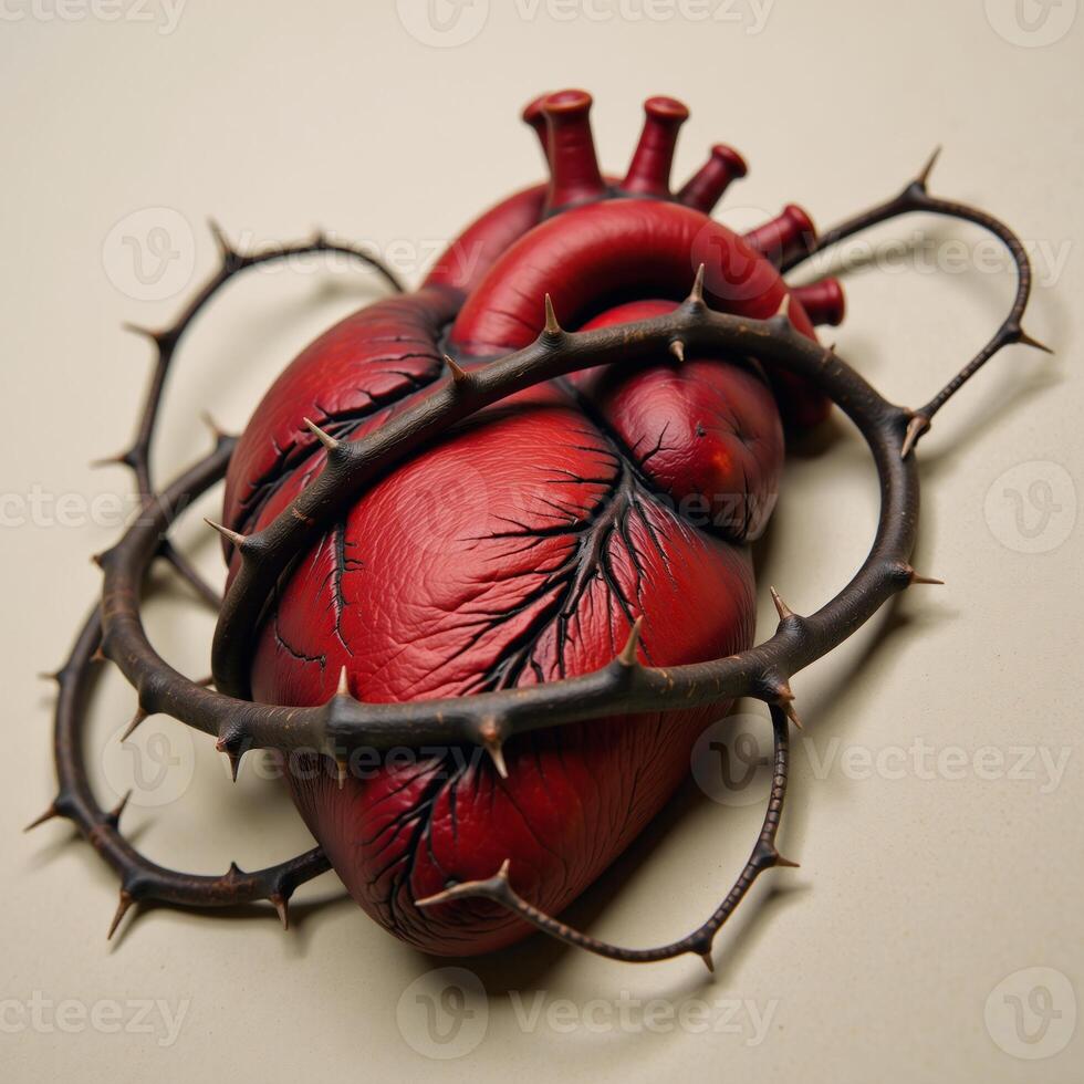 A portrait depicting an emotionally charged heart ensnared by thorns to represent struggles with depression photo