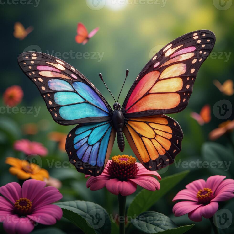 A colorful geometricalangled 3D rendered fairy with large vibrant wings rests upon a garden casting an intriguing shadow onto the natural surroundings photo