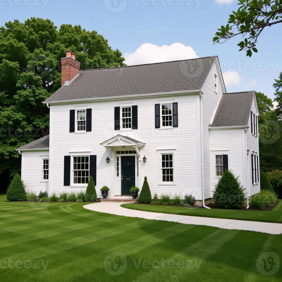 Colonial farmhouse characterized by white clapboard siding photo