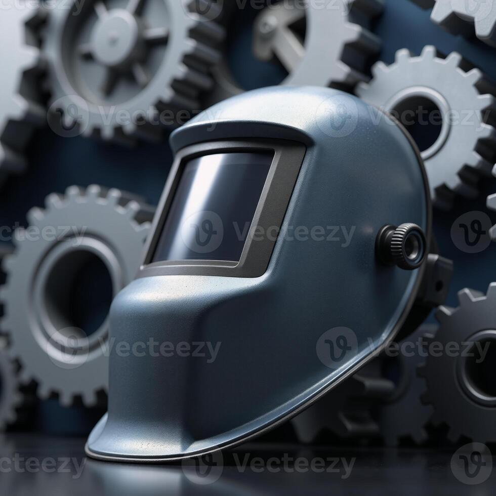 A captivating 3D render showcases a welding helmet amidst gears signifying industrial innovation in metalwork photo