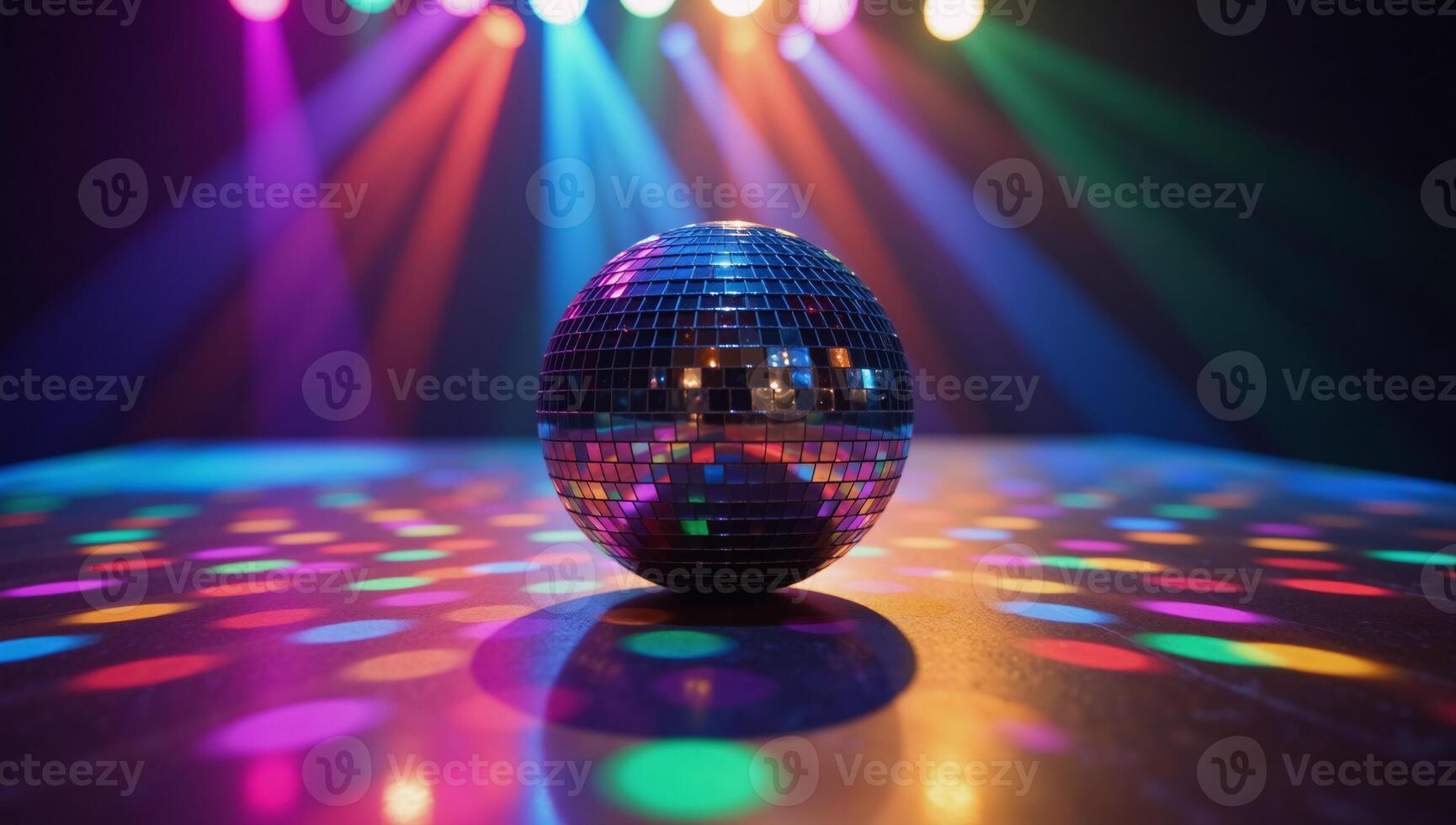 A vibrant disco ball illuminates the dance floor with multicolored light rays and bokeh effects photo