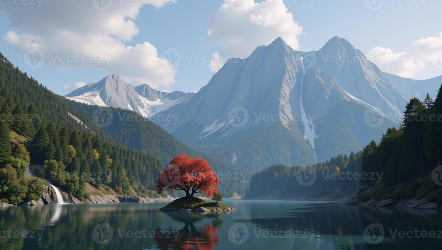 Digital art illustration featuring a natureinspired landscape with mountains trees and flowing bodies of water such as rivers and waterfalls photo