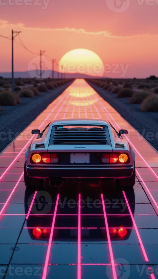 Futuristic 80s retrowave aesthetic a sleek car on neon laser gridlines driving towards the sunset horizon in a clear simple and beautiful mirror image against an empty mirrored floor photo