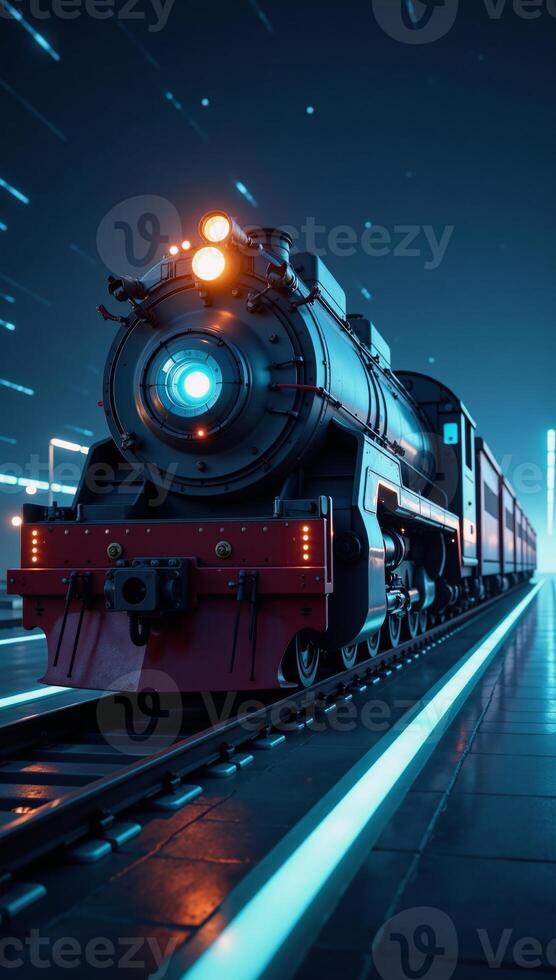 Futuristic train illustration featuring electric locomotives and carriages outlined by polygonal blue lines glowing stars as a design element on postersgreeting cards photo