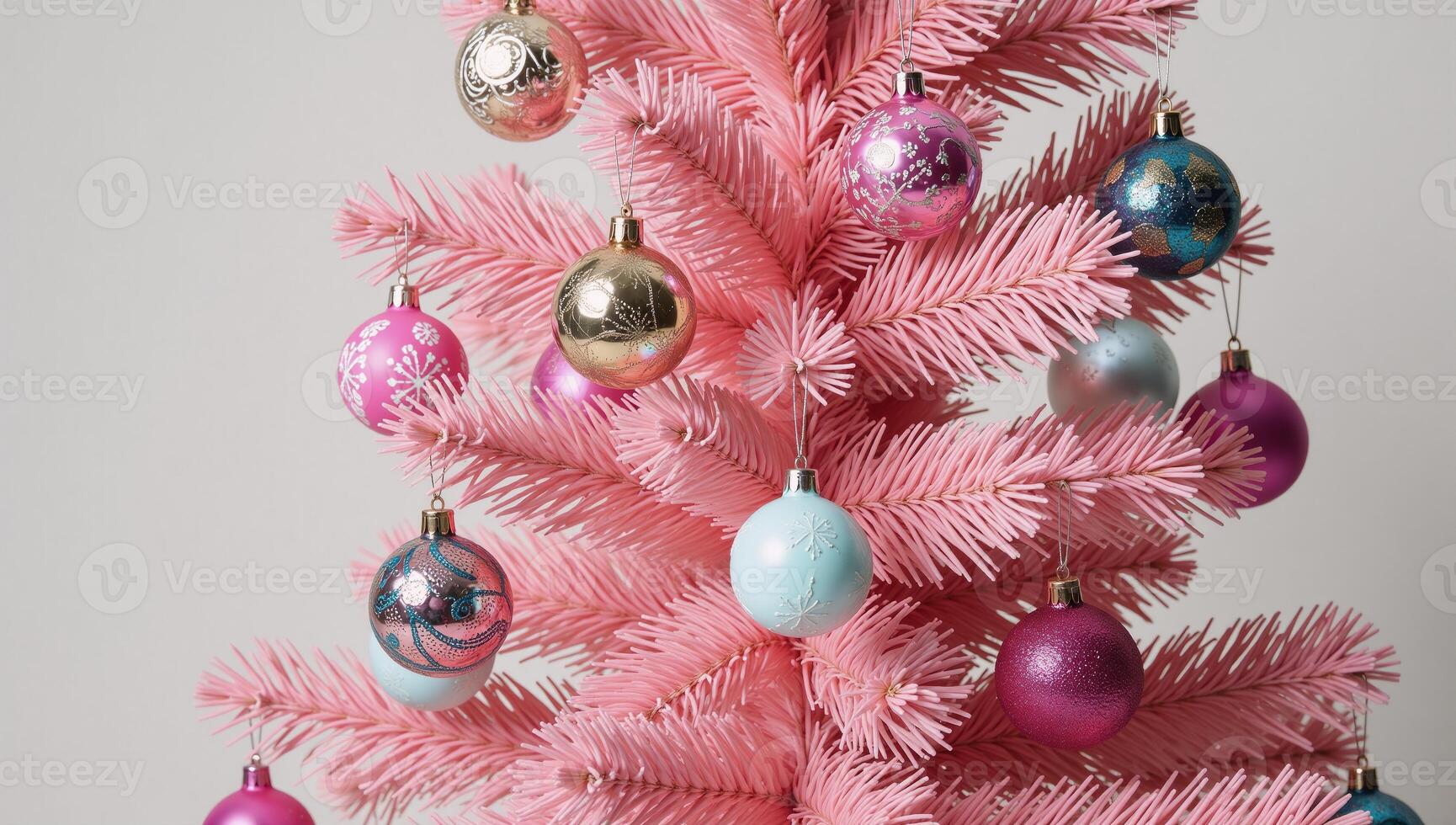 A sparkling pink Christmas tree adorned with festive ornaments photo