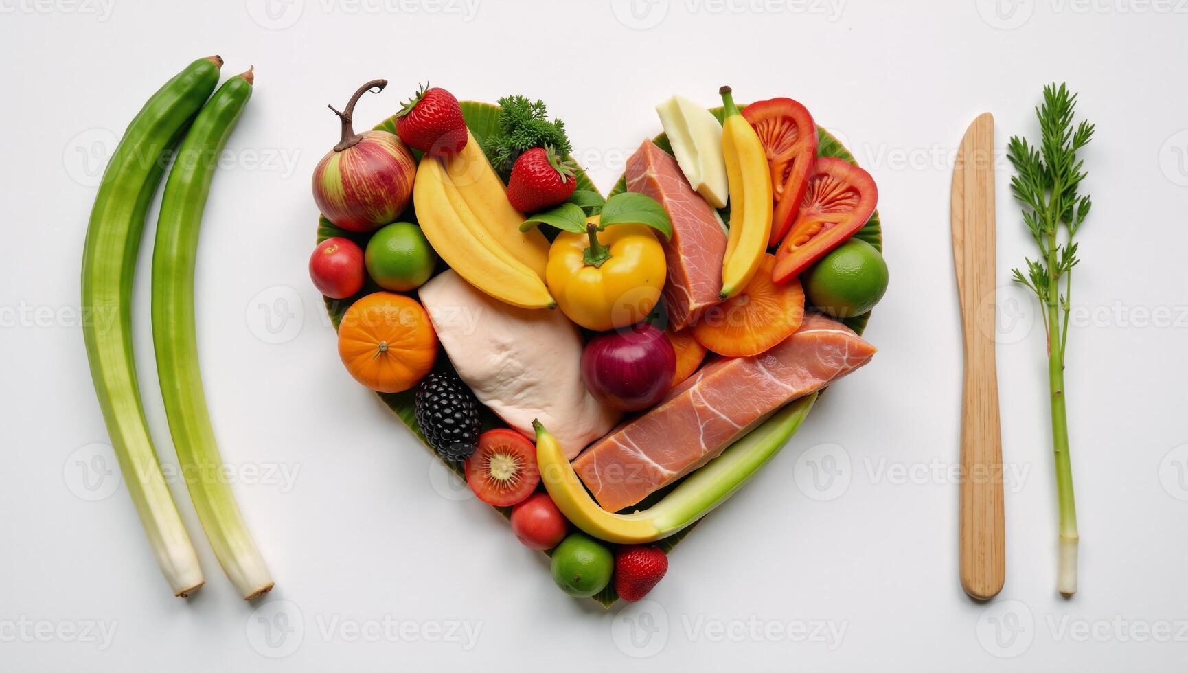 Heartshaped display featuring assorted healthy foods fruits veggies proteins promoting a balanced diet photo