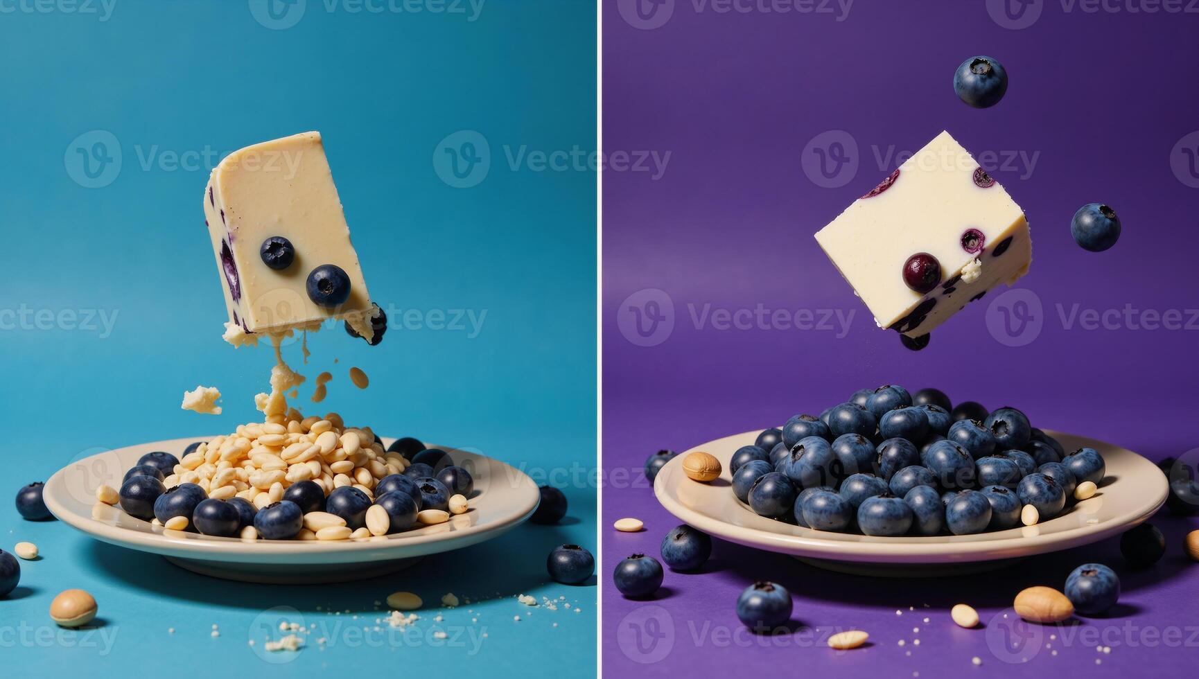 A blueberry cheesecake slice falls onto a bowl filled with blueberries and nuts against a backdrop of both blueberries and cascading cheese and nut fragments photo