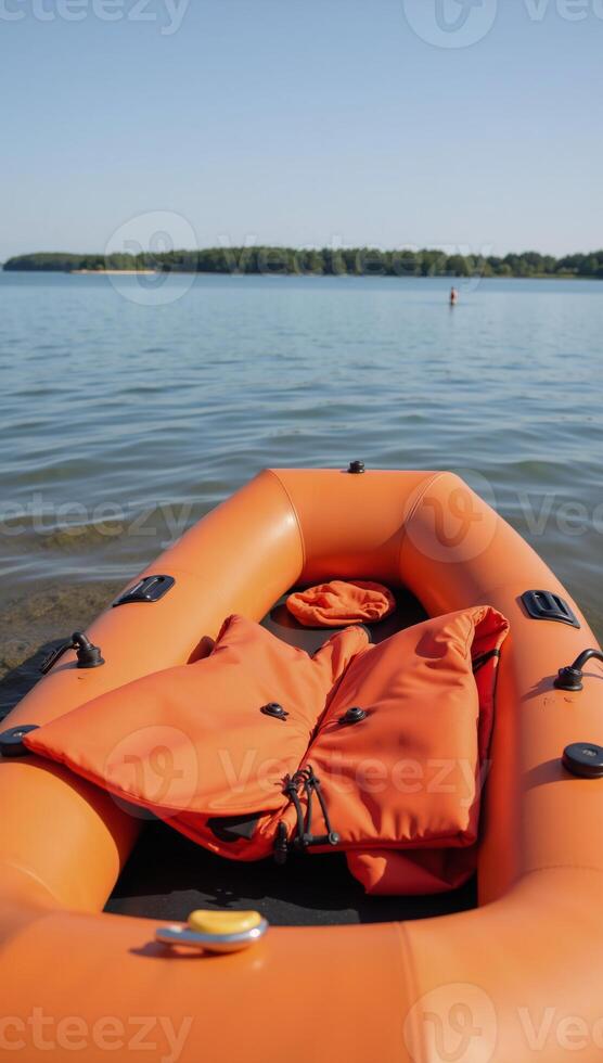 Readytouse inflatable orange raft with lifejackets for fun on water photo