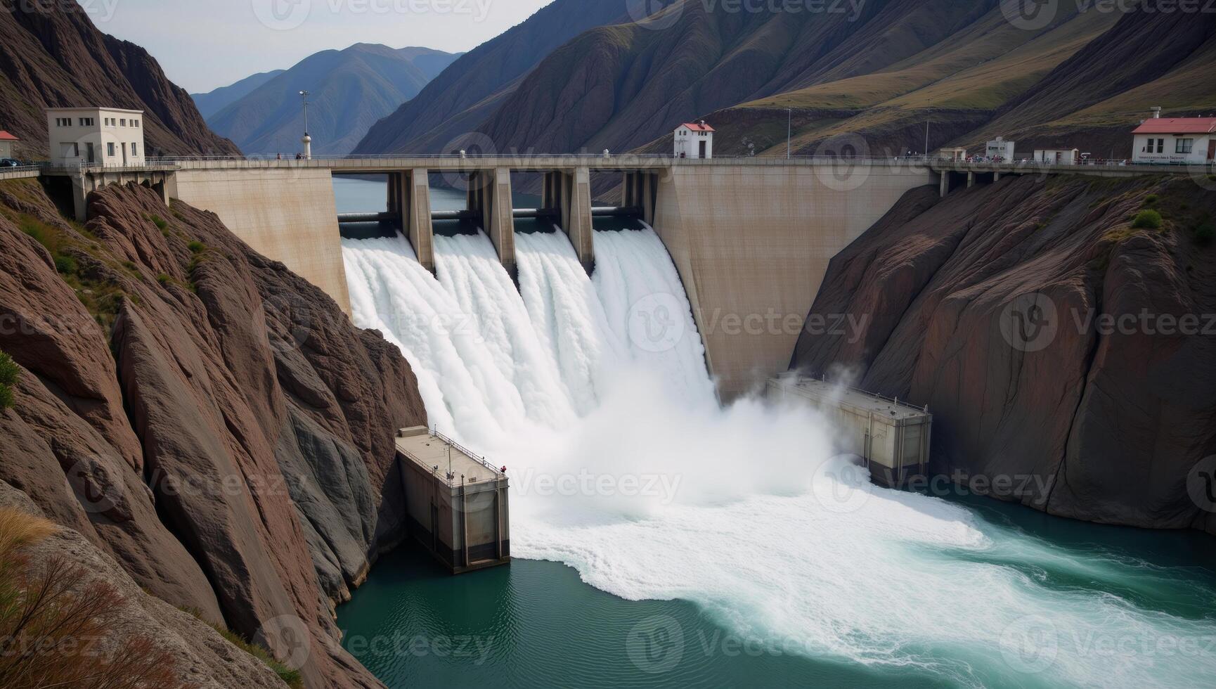 Hydroelectric Power Plant showcasing a massive Dam surging waters driving Turbines surrounded by mountainous landscapes and flowing rivers photo