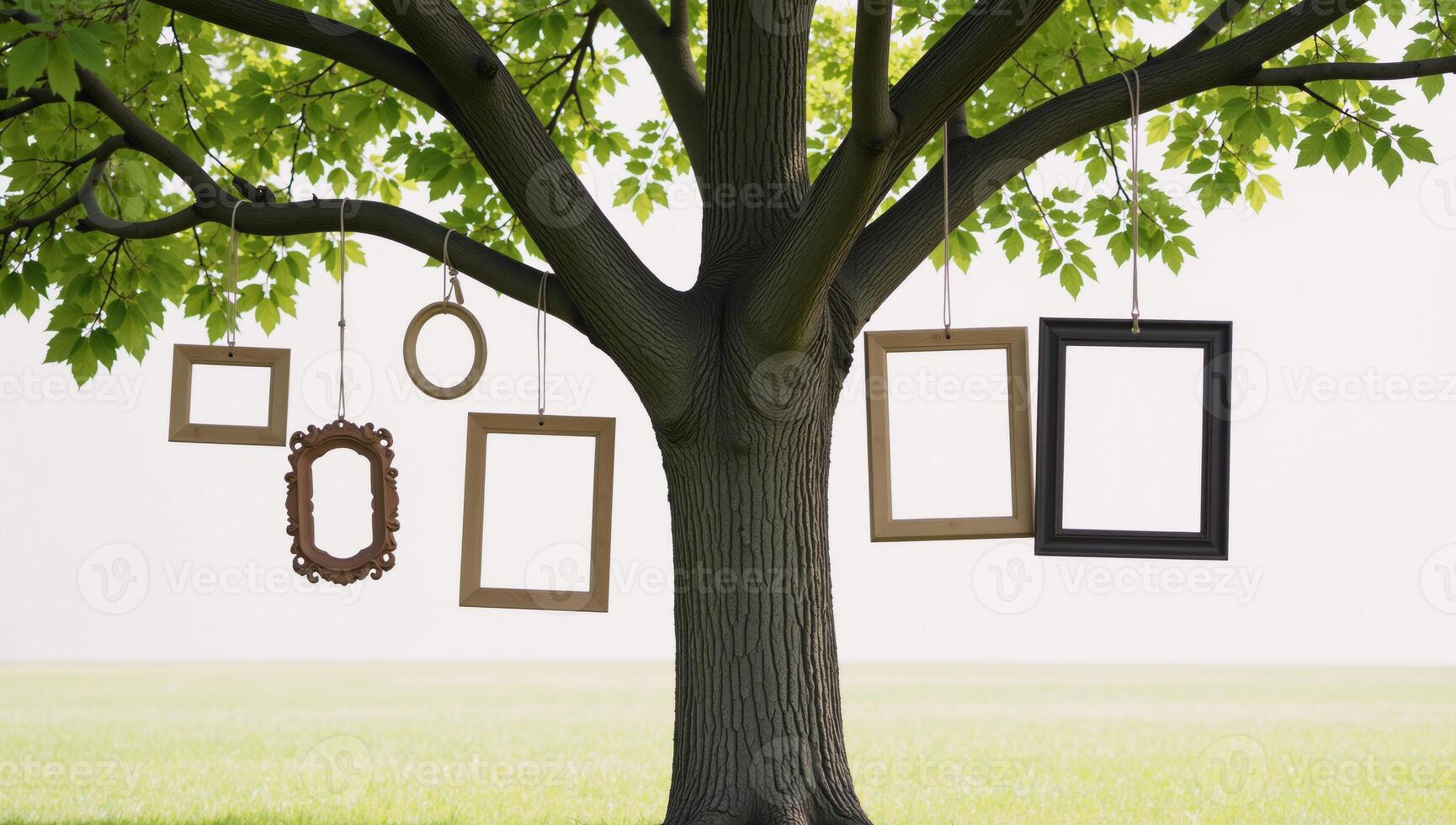 Empty picture frames representing family tree genealogy hung on tree branches symbolize ancestral heritage and research photo