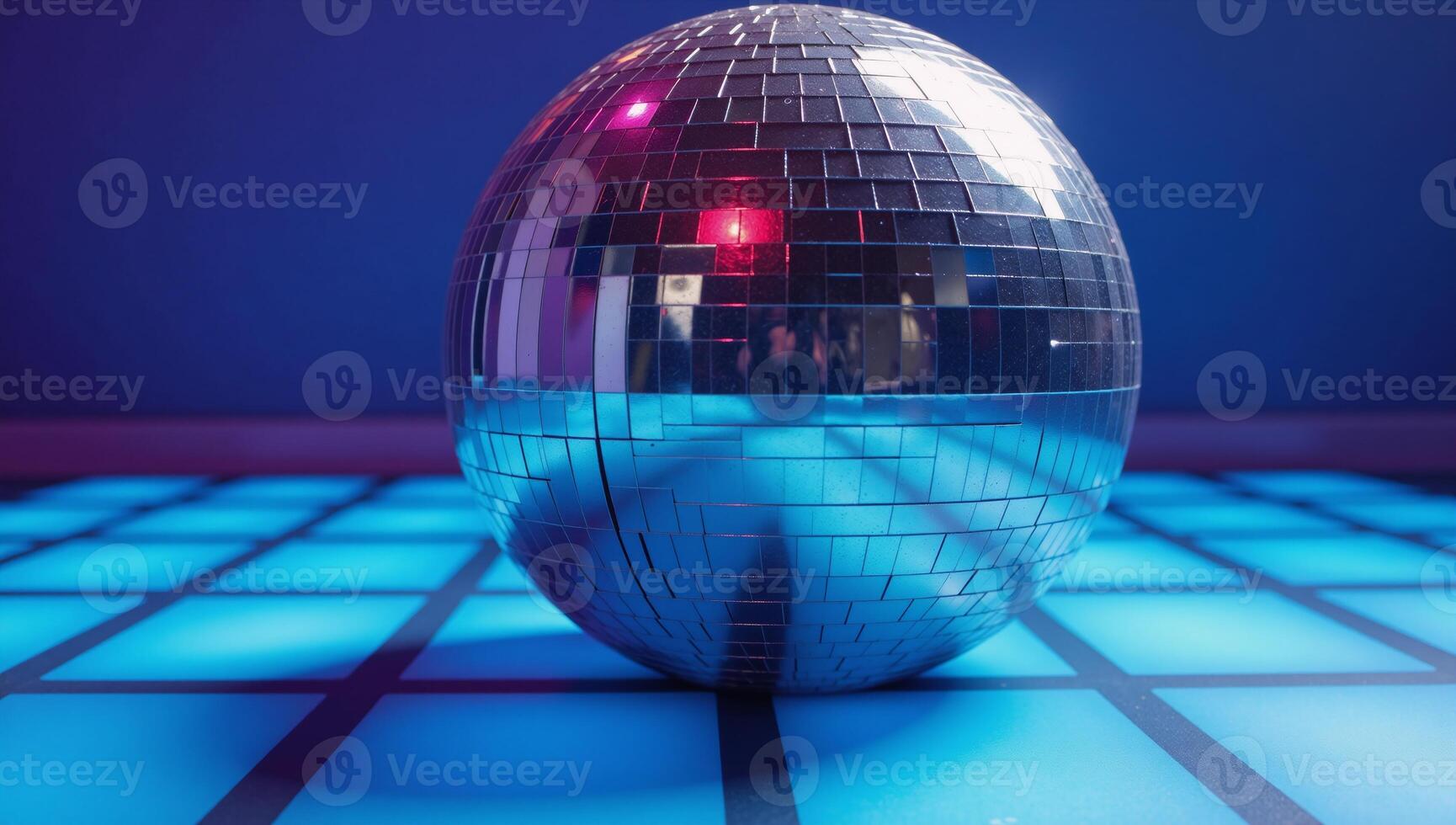 A glistening disco ball floats in the center of an illuminated tilefloored room photo