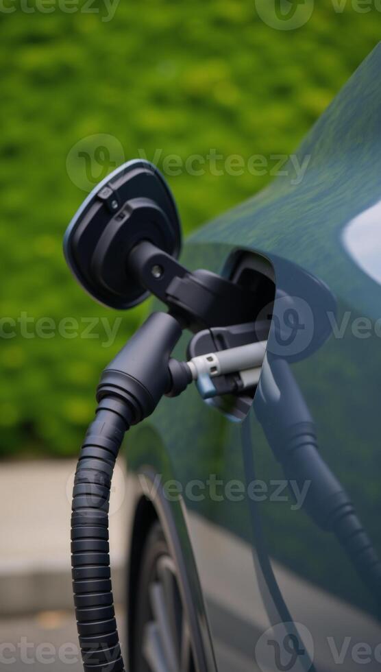 a closeup shot of an electric car inlet with a connected charging cable against a green backdrop photo