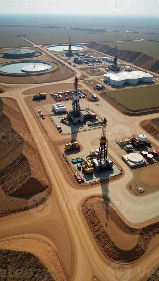 Oil field landscape featuring extraction processing and storage facilities such as drilling sites refineries pipelines and oil tank farms photo