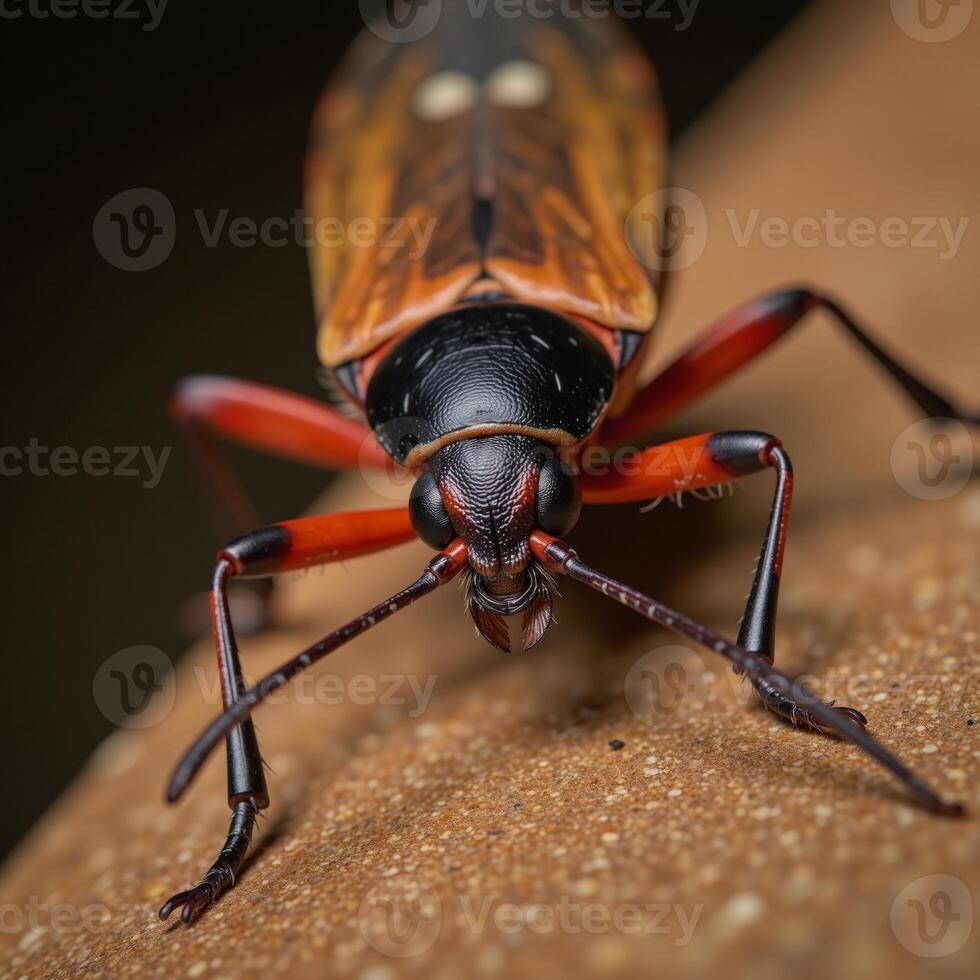 A brownandred bug features a dark head and legs black photo