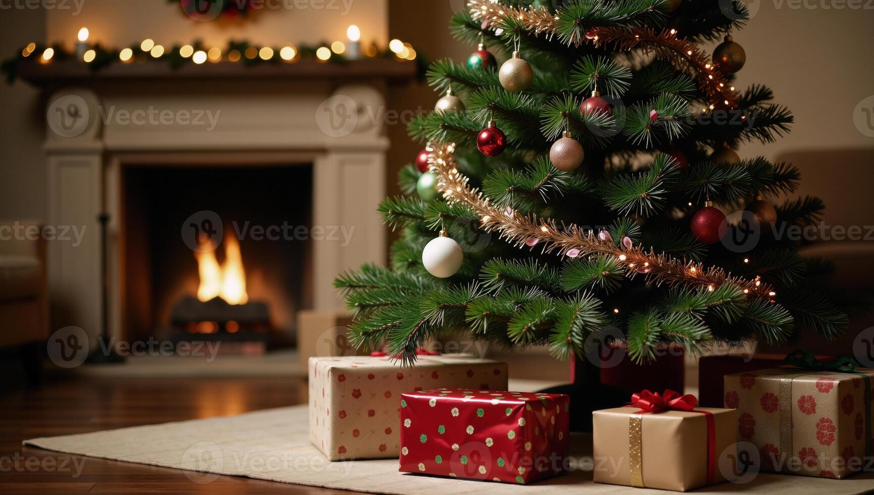 A charming scene featuring a decorated Christmas tree with gifts in a snug living space photo