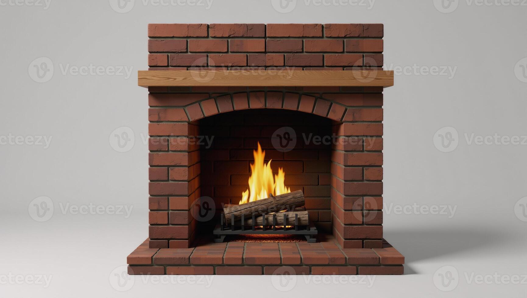 Traditional fireplace scene featuring roaring fire on empty mantelpiece shelf 3D rendering photo